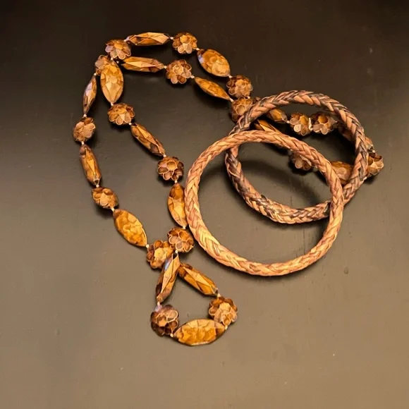 Vintage Lot Tortoise Beaded Celluloid Necklace & 2 Basket Weave Bangle Bracelets - Picture 10 of 11